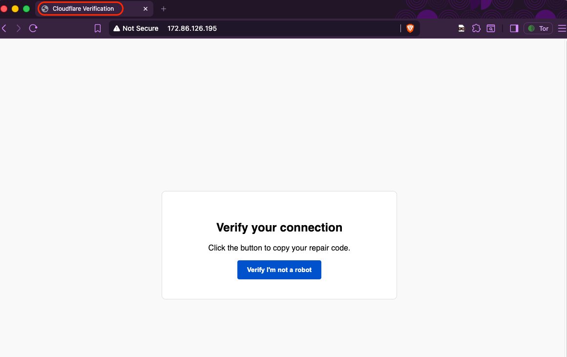The fake Cloudflare Verification lure page as a victim would see it, served over plain HTTP from a raw IP