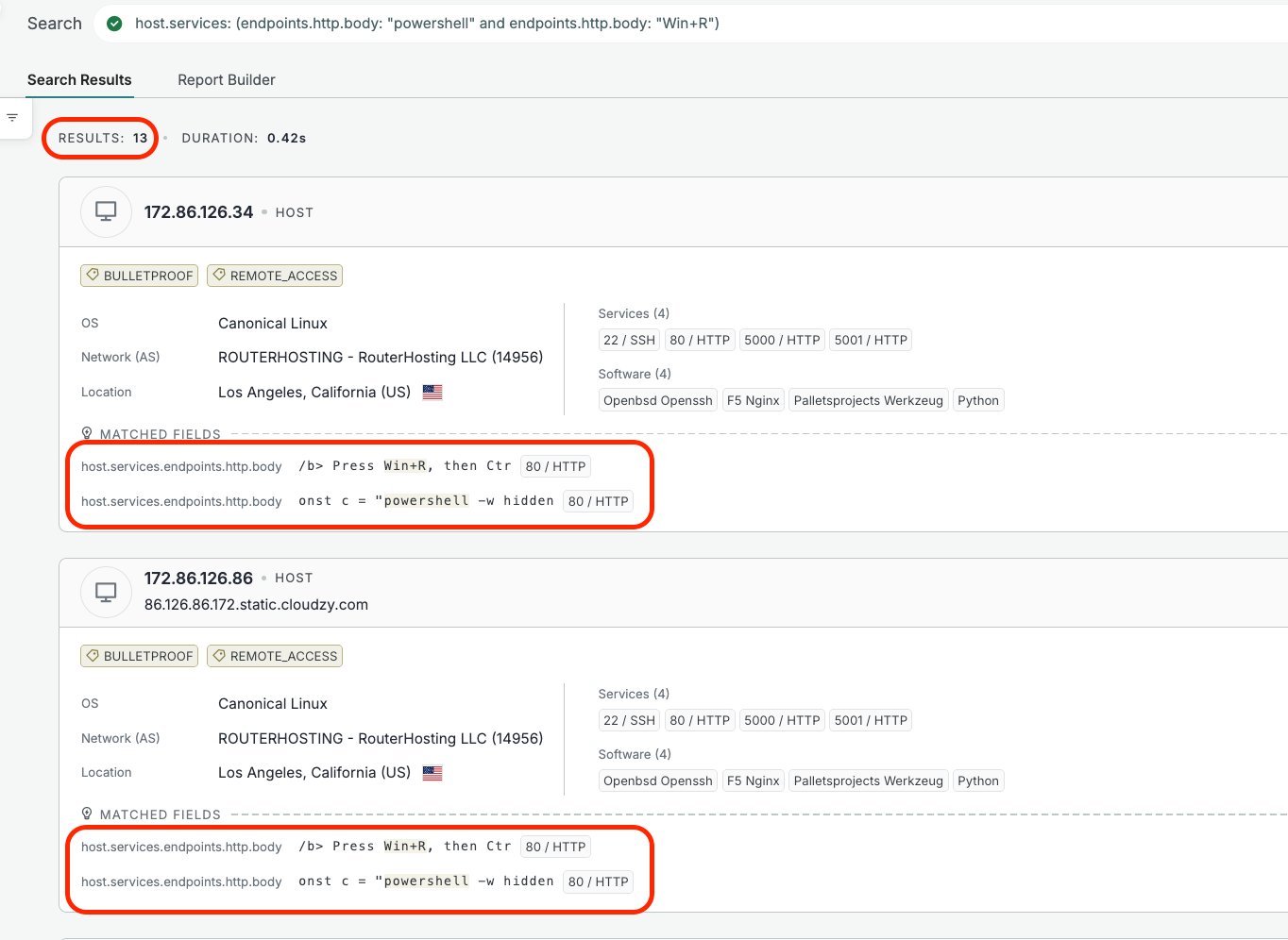 Censys search results showing 13 near-identical hosts on AS14956 matching the powershell and Win+R behavioral query