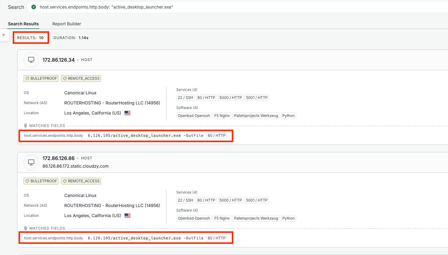 Censys results for the payload filename pivot, returning exactly 10 hosts all referencing the same payload host