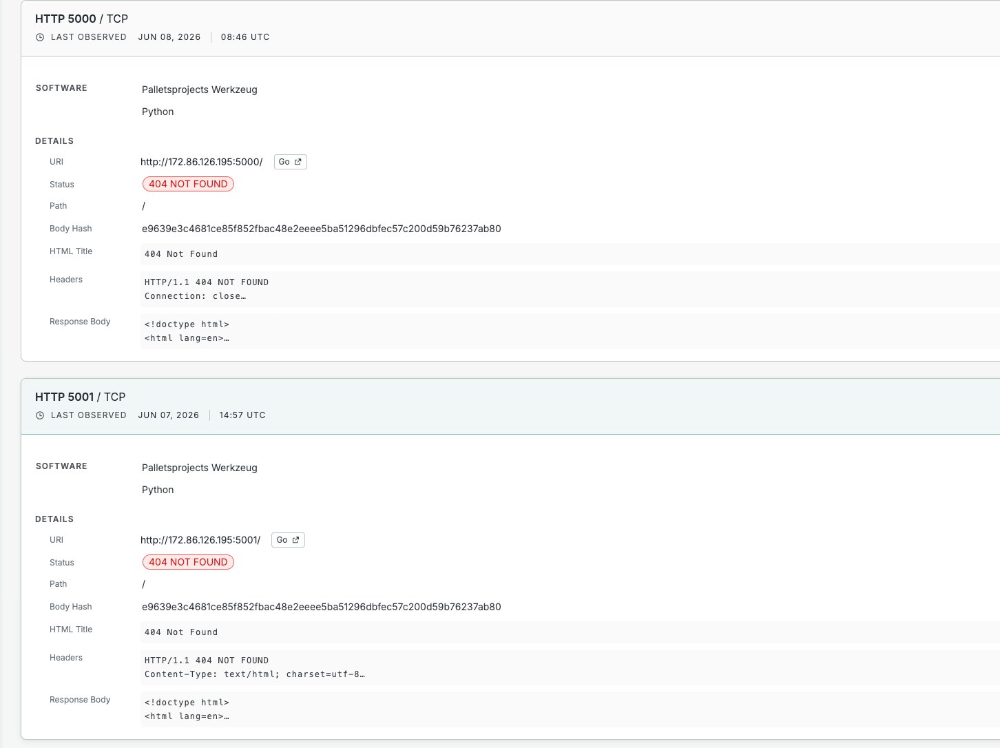 Censys service detail showing Python Werkzeug servers on ports 5000 and 5001 returning 404 Not Found