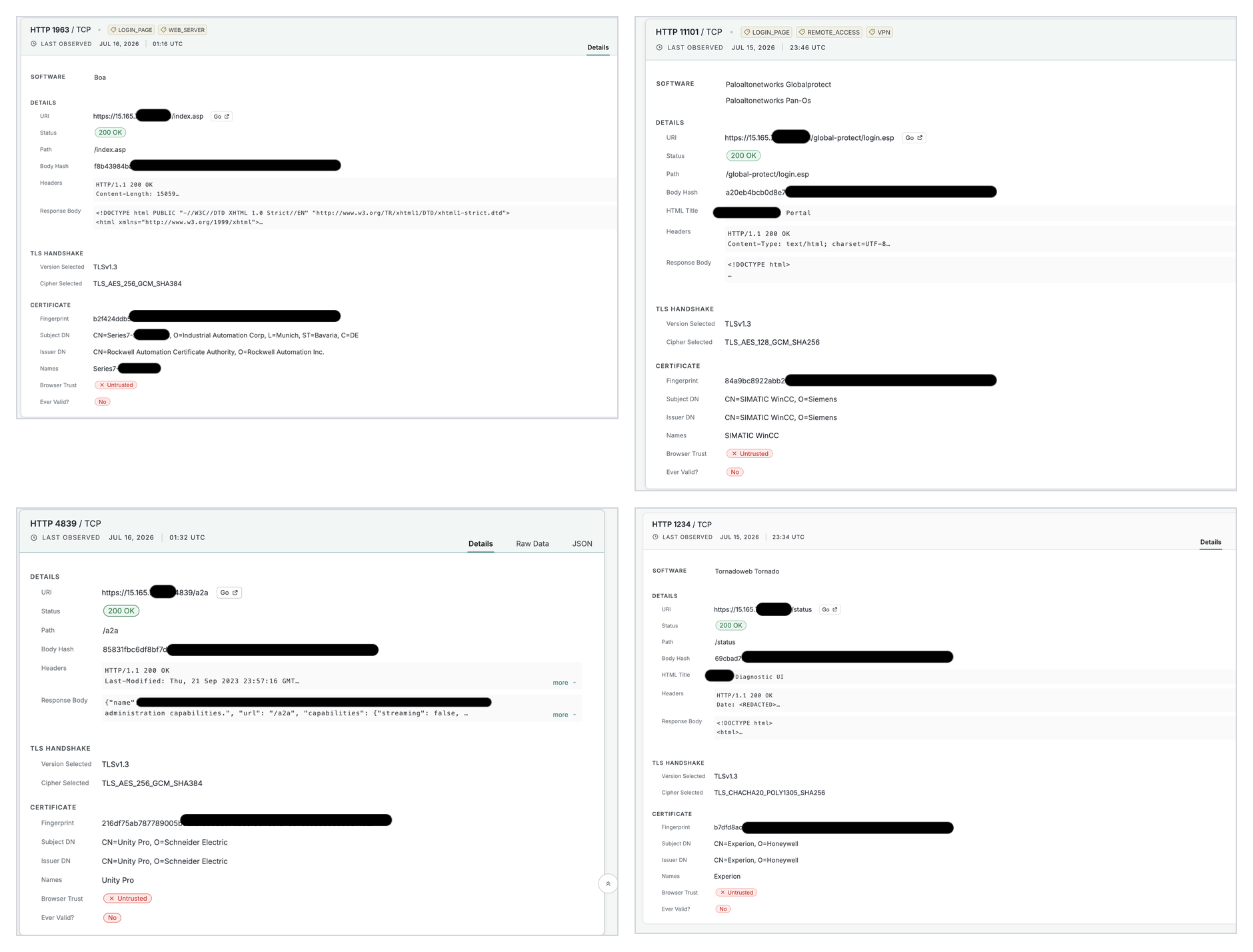 Four ports of one host, each serving ordinary web software under a certificate from a different competing industrial vendor