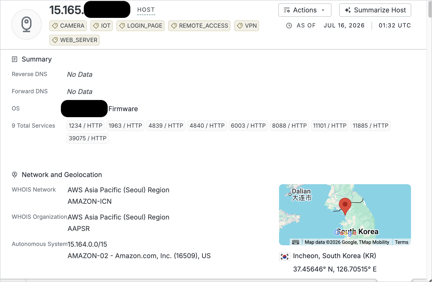 Censys host summary for 15.165.xxx.xxx showing camera and VPN labels, Axis OS, an Amazon network, and nine HTTP services