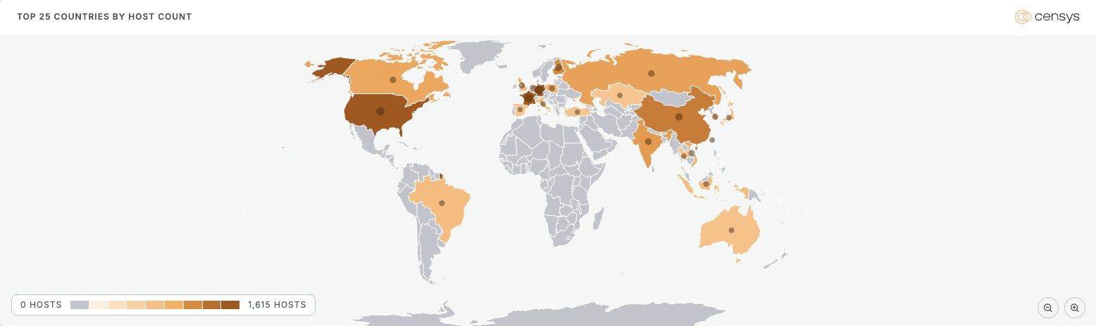 World map of Qdrant host counts by country, concentrated in the US and Europe