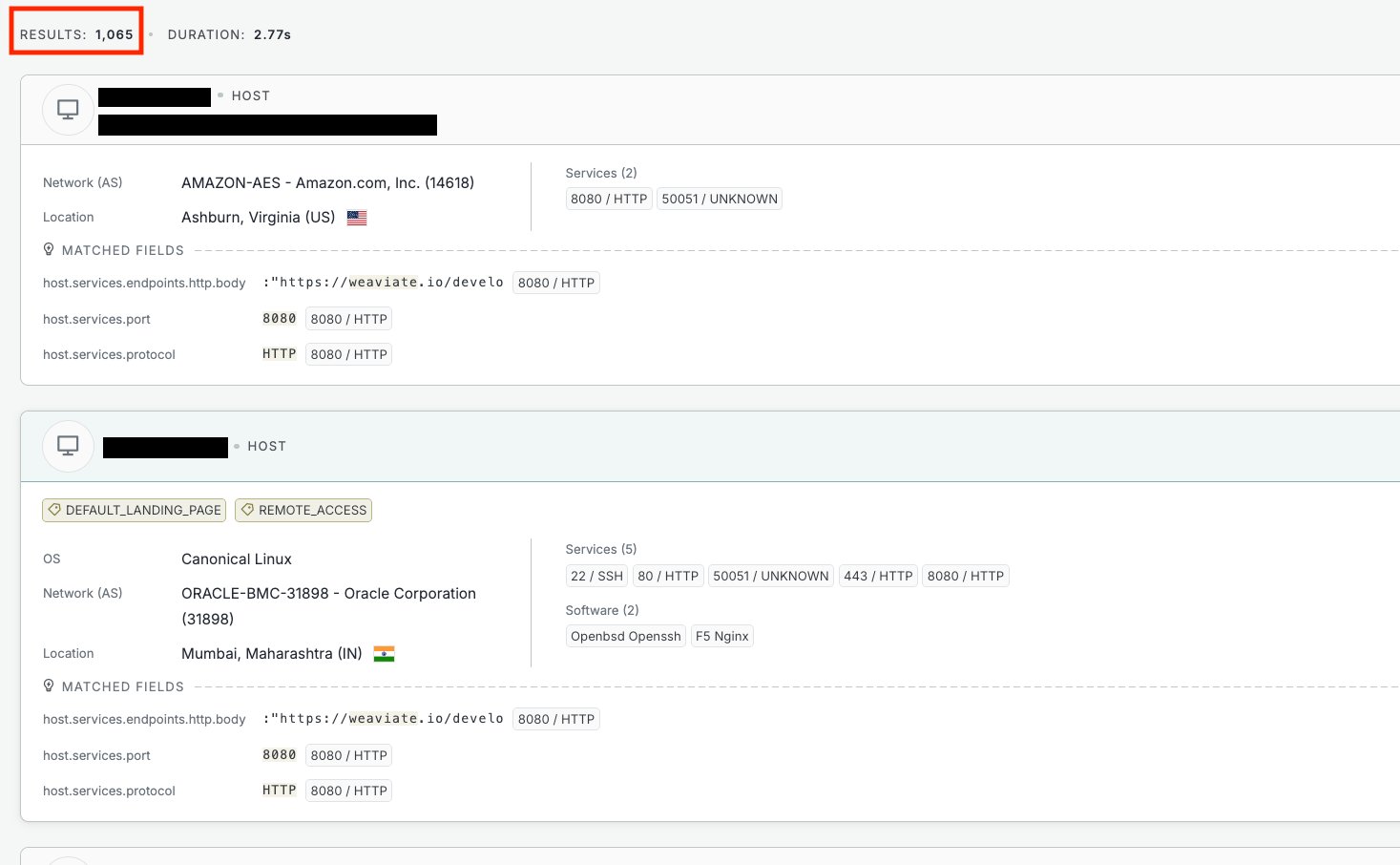 Censys search results showing 1,065 Weaviate hosts