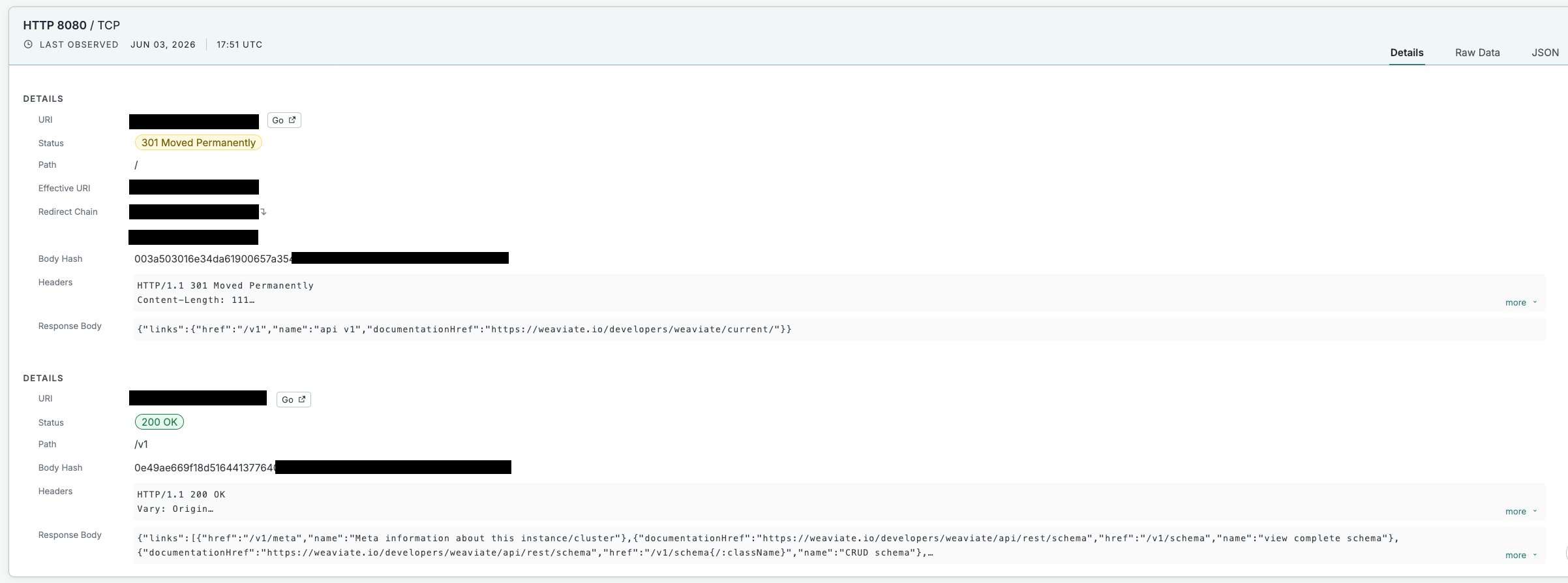 Censys host detail showing a Weaviate API response advertising its schema endpoints