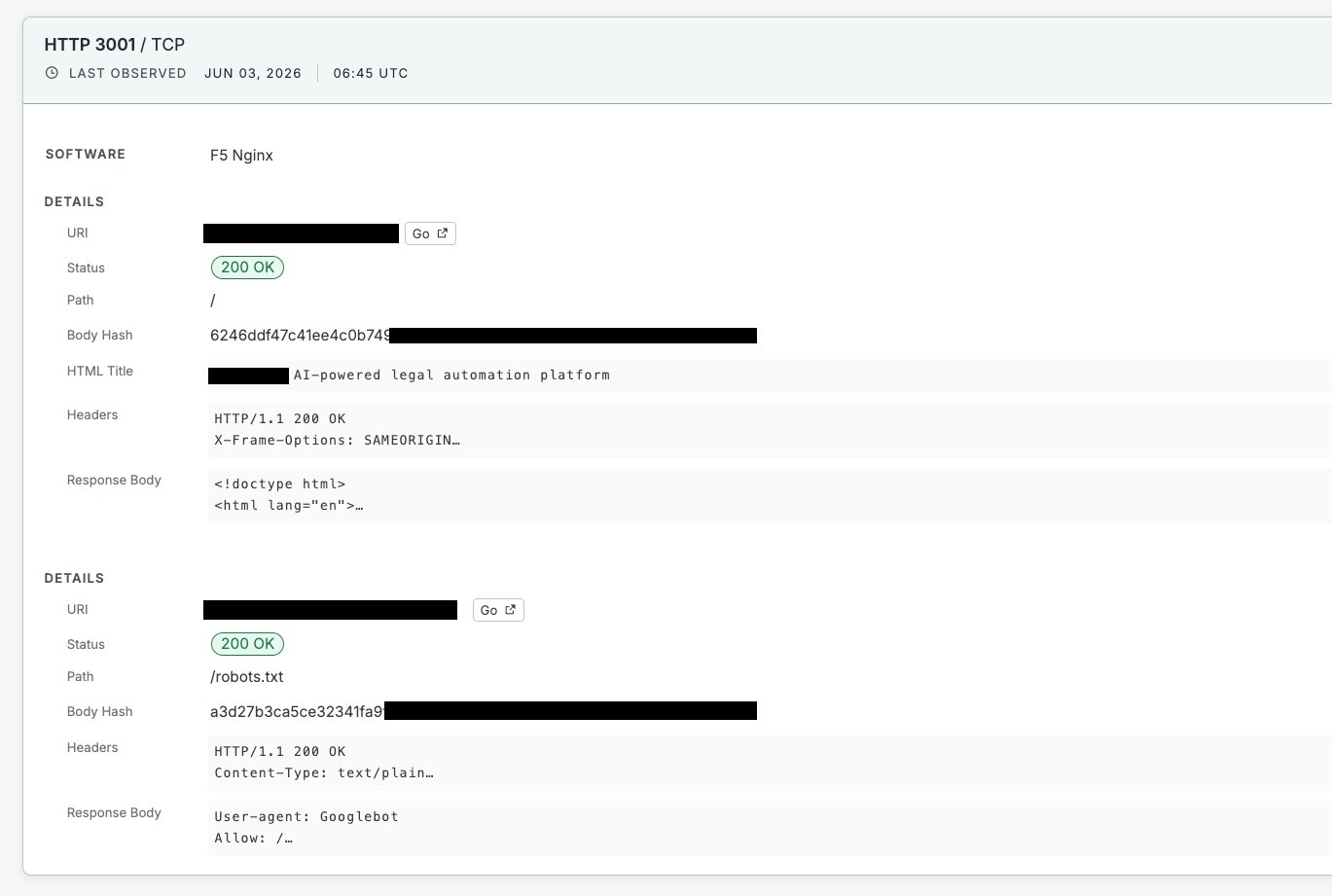 Censys host detail for an AI powered legal automation platform, redacted